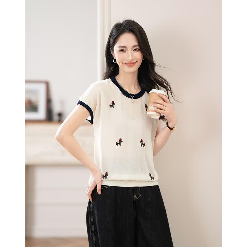 TERRE BLEUE Women s Embroidered Summer Loose Knit T-Shirt F