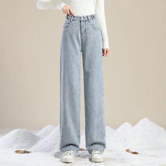 Pantaloni Denim Casual Blu Lavato con Gamba Dritta e Fodera in Peluche, Chiusura con Cerniera e Bottone, Jeans Denim Inverno da Donna