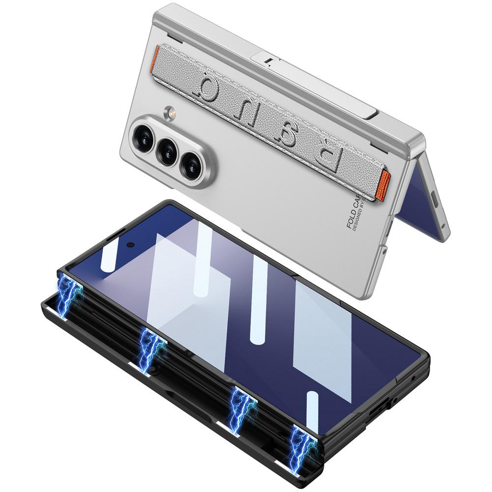 Magnetic Hinge Folding Stand Holder Wrist Strap with Glass Protector Case for Samsung Galaxy Z Fold 7 Fold7 Lens Protect Cover