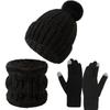 3pcs Soft Solid Color Hat Scarf Gloves Set Cute Pompom Thickened Knitted Hat with Velvet Keep Warm Beanie Hat Kids