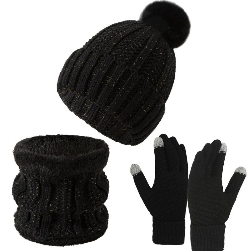 3pcs Soft Solid Color Hat Scarf Gloves Set Cute Pompom Thickened Knitted Hat with Velvet Keep Warm Beanie Hat Kids