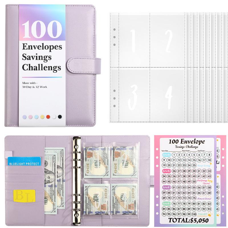 100-Day Envelope Challenge Loose-Leaf Notebook: PU Colored Savings Planner for Couples