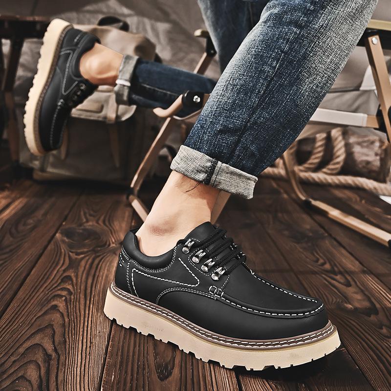 Board shoes men's 2025 new leather trend versatile casual shoes thick sole heightening non-slip soft sole simple lace-up leather shoes