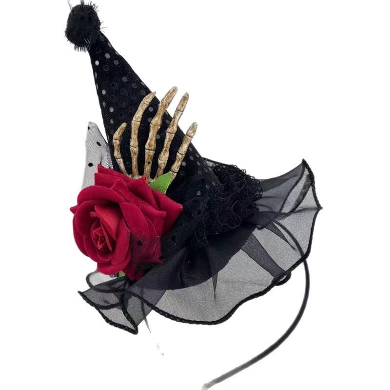 Halloween Witch Hat Headband Lace Trim Ghost Skull Rose Spider Web Hair Accessory For Halloween Party Cosplay Women Girls