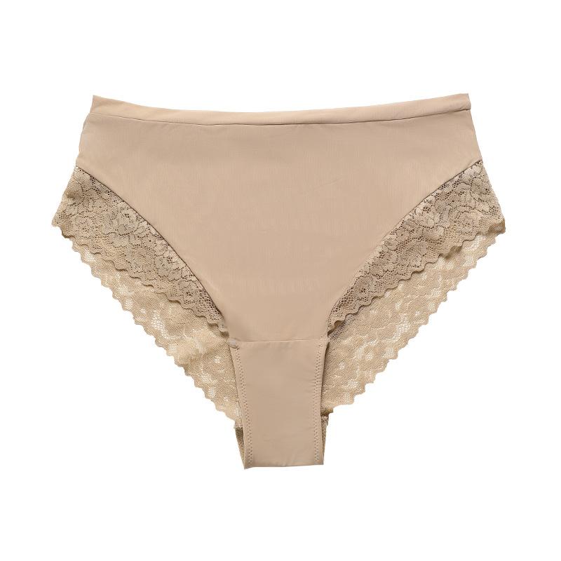 

Large size sexy mid-waist panties women s seamless ice silk without buttocks lace splicing comfortable breathable briefs S