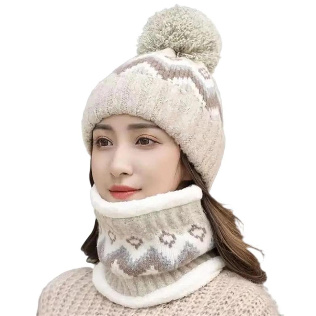 Women's Knitted Hat Scarf Two-piece Set, Thickened And Plush Woolen Hat