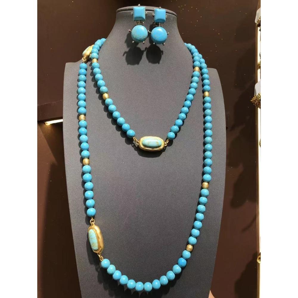 Turquoise Long Sweater Chain Multi-layer Double-layer Vintage High-end Necklace Earrings