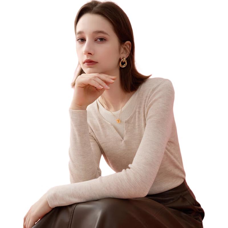 Sancai Women's Faux Two-Piece Colorblock 100% Wool Sweater