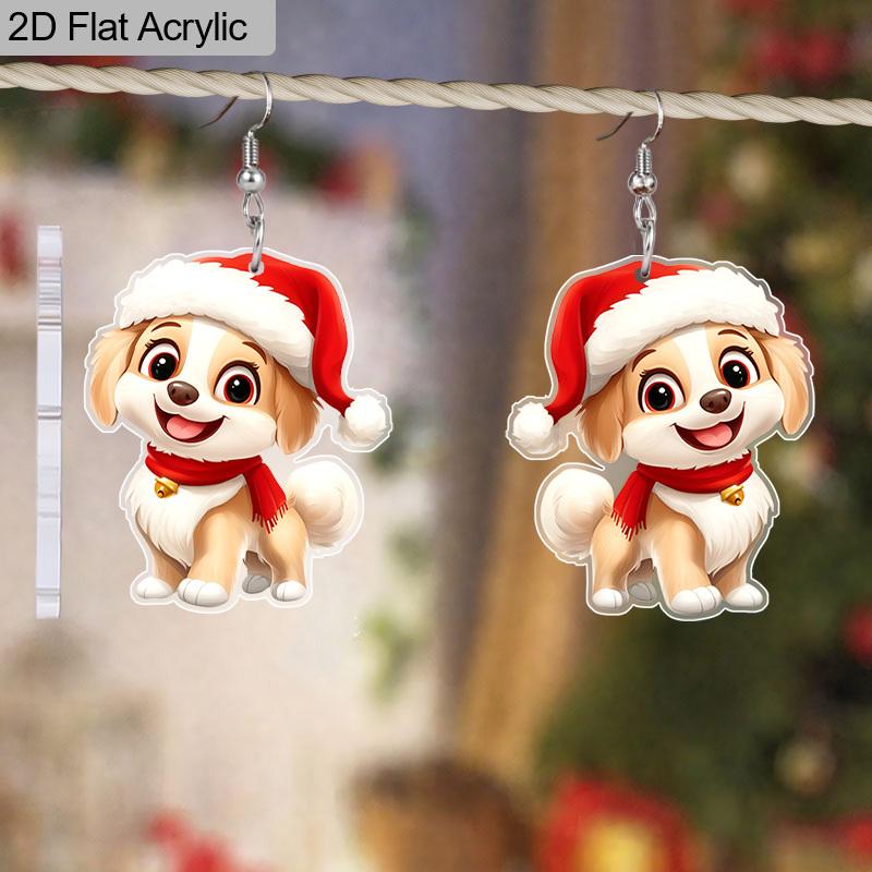 2D Flache Acryl Niedliche Weihnachten Mops Hund Haustiere Hängeohrringe für Hund Mon Geschenke Liebhaber Anime Welpen Schmuck für Frauen Feiertagsparty Dekorationen