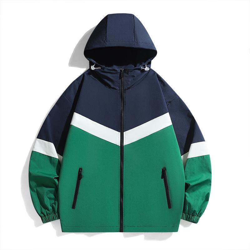 Unisex Korean-Style Color Block Baseball Jacket: Casual, Sporty, Hooded, Thin Windbreaker for Spring & Autumn with Long Sleeves.