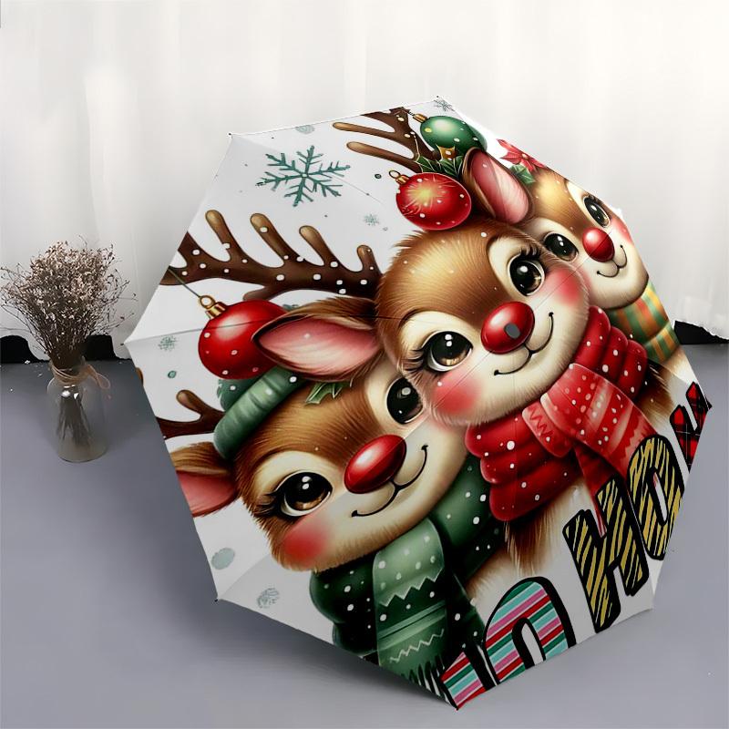 1pc Christmas Reindeer Automatic Folding Umbrella, 3-Fold Design, 8-Bone Iron Frame, Outdoor, Festive Gift for Fans, Travelers, Daily Use.H035