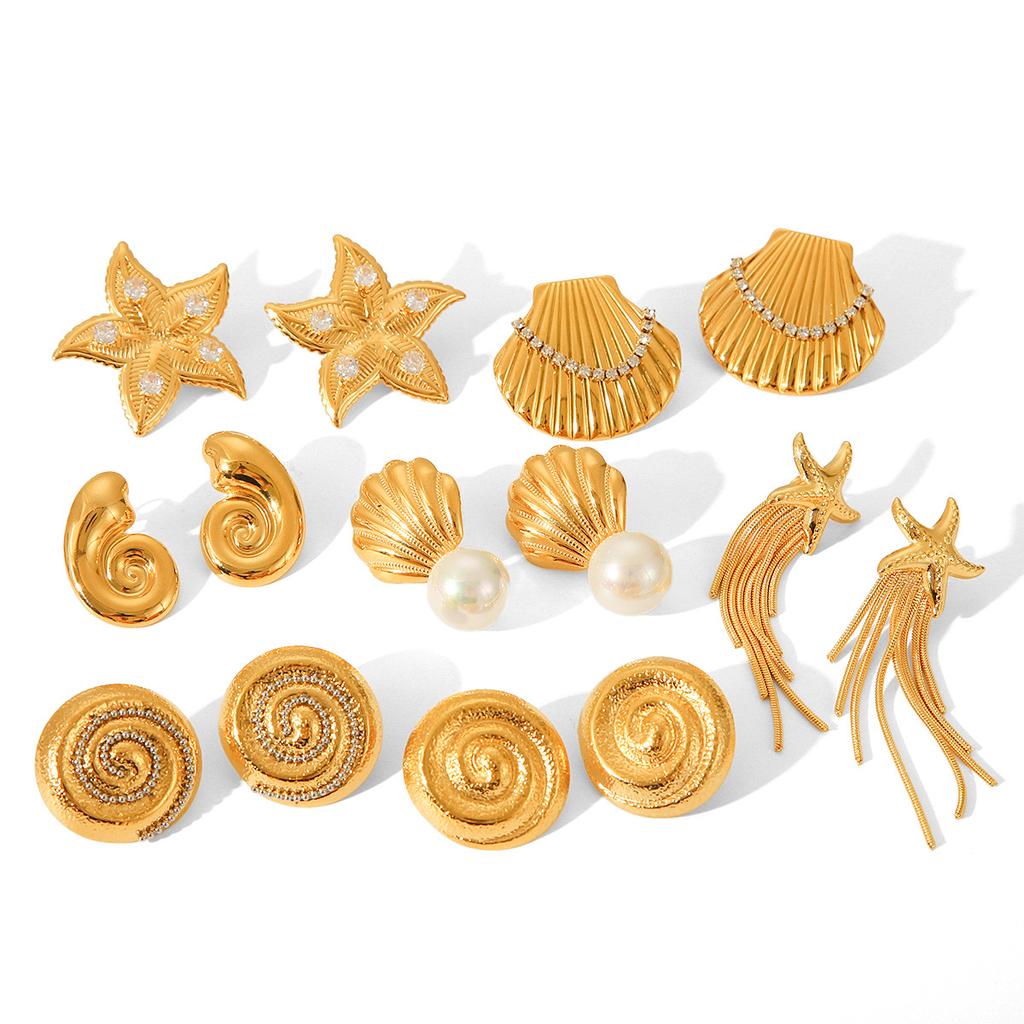 Ocean Elements Scallop Titanium Steel Earrings, 18K Gold Stainless Steel Ear Rings, Conch Starfish Studs