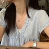 Summer Fake Two-Piece Puff Hem V-Neck Blouse Women's Summer Design Sense Age-Reducing Loose Short Sleeve Baby Shirt Top