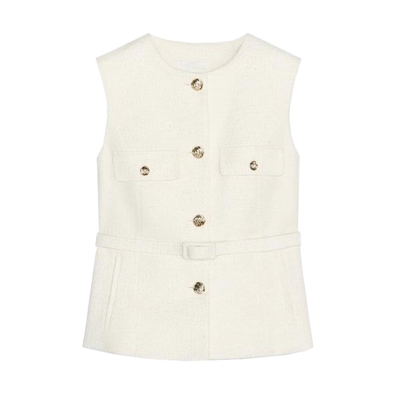 Summer New Product Women's Clothes Gold Decorated Row Button Sleeveless Round Neck with Belt Texture Vest Tops 2132091