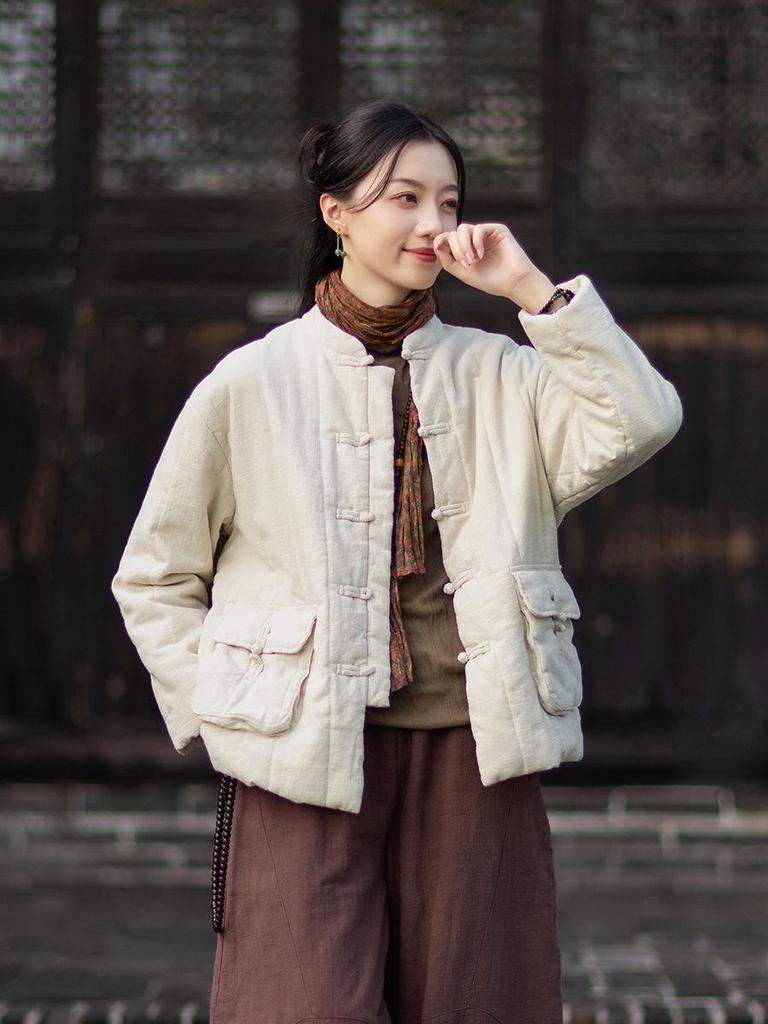 Silent Recitation: Women's Retro Quilted Vertical Stripe Cotton Jacket with Stand-up Collar and Frog Buttons