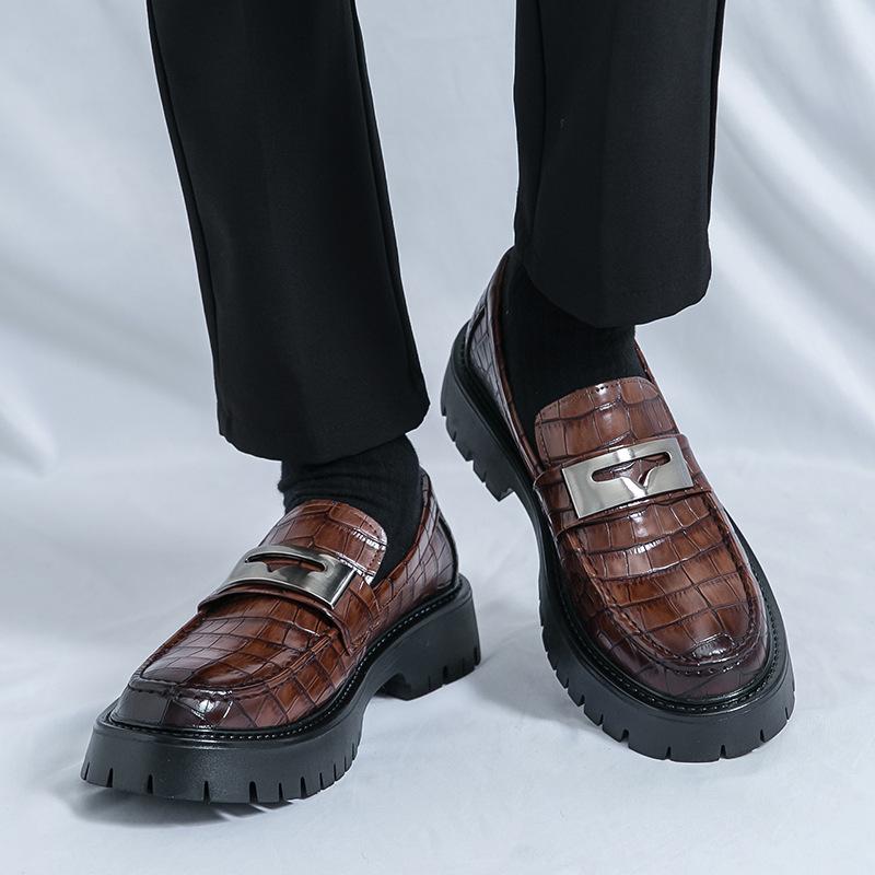 Men's Glossy Leather Thick-Soled Loafers - British Style Slip-On, Large Size, for Spring & Autumn