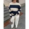 Women S Color Block Striped Knit Sweater Loose Drop Shoulder Crew Neck Long Sleeve Casual Top