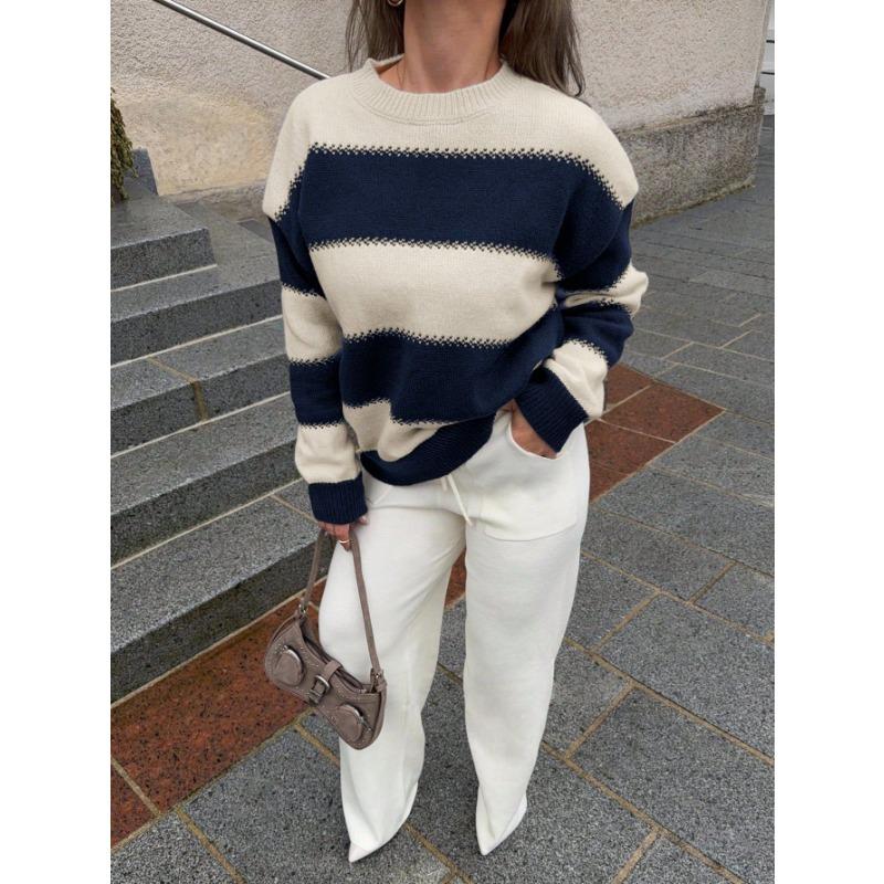 Women S Color Block Striped Knit Sweater Loose Drop Shoulder Crew Neck Long Sleeve Casual Top