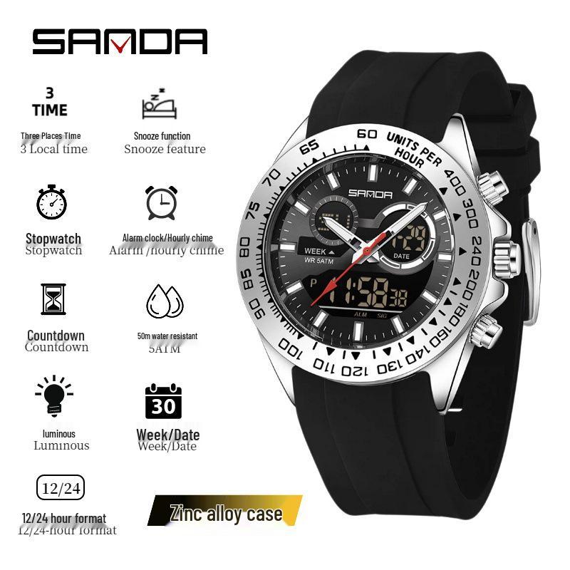 Sanda Men's Waterproof Dual Display Multi-Function Watch with Timer, Snooze, and Night Light.