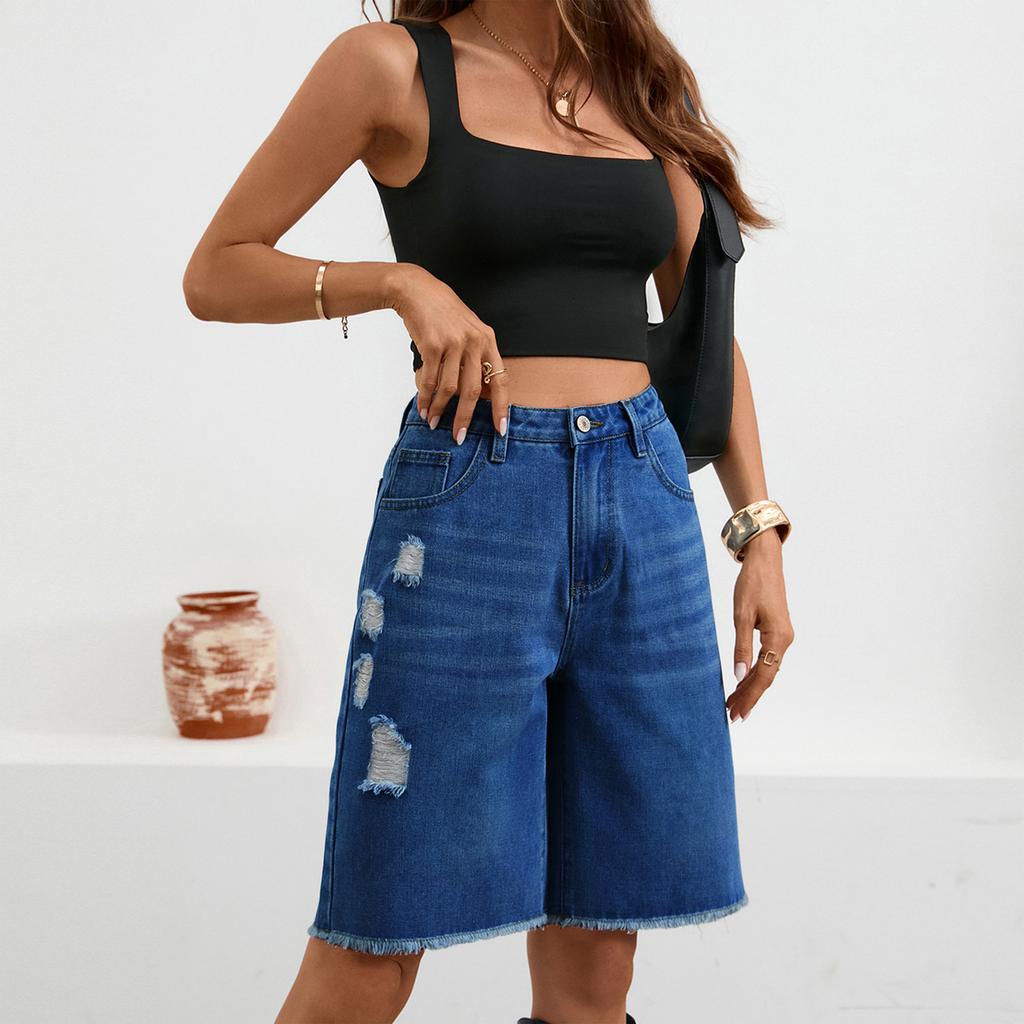 Women's Casual Color Denim Ripped Five-point Pants Fringe Jeans