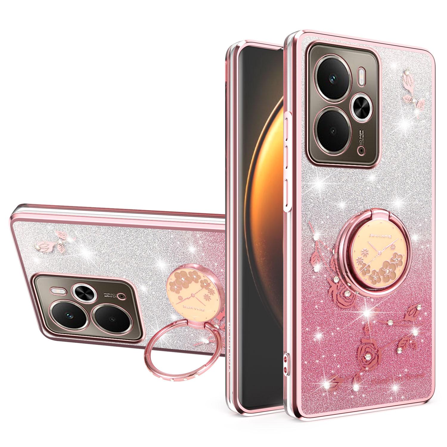 

KADEM For Realme 14T 5G/14 5G Case Ring Kickstand TPU Flowers Phone Cover Gradient Glitter Pink
