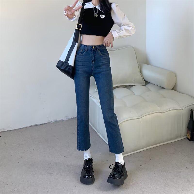 

Черные джинсы прямого кроя с разрезом для женщин - Стройнящие осенние брюки-сигареты для фигуры груша , укороченные до щиколотки 2XL синий