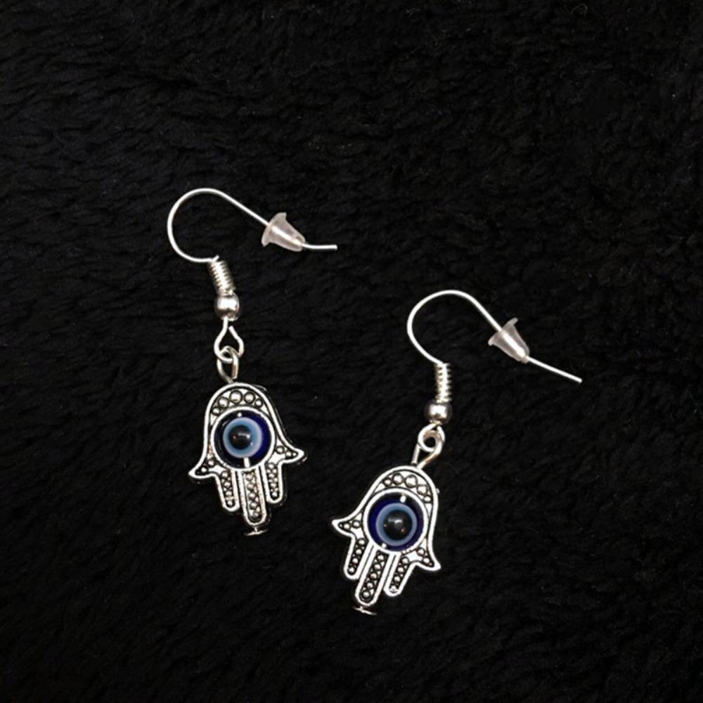 New Gothic Charm Sliver Color Fatima's Hand Turkish Blue Eyes Devil's Eye Dangle Earrings for Women Men Halloween Amulet Jewelry