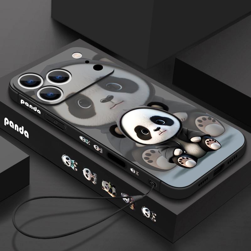 For iPhone 17 Pro Max Case Black Coat Panda Pattern Soft Silicone Lanyard Cover For iPhone 16 Pro Max Cover iPhone 15 14 13 12 11 16E Air