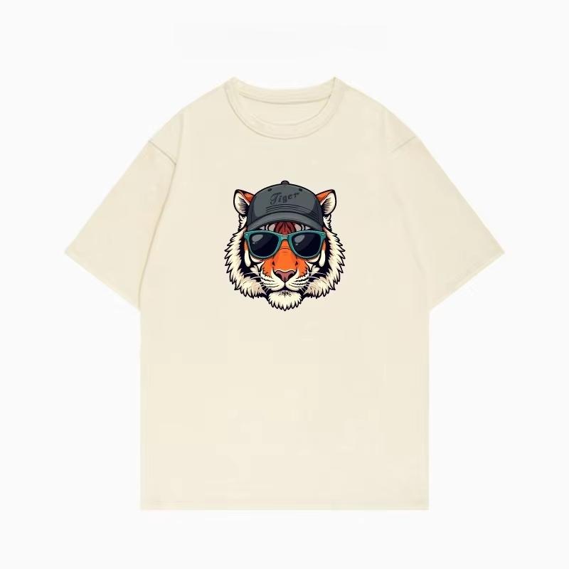2025 Summer Trendy Hip-hop Tiger Pattern Printed T-shirt Loose and Casual Short-sleeved Cotton Couple Tops for Men and Women