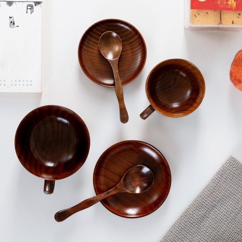 Japanese-style Jujube Wood Coffee Cup Three-piece Set Solid Wood Bowl Cup Wooden Milk Cup with Handle Can Be Printed with Logo