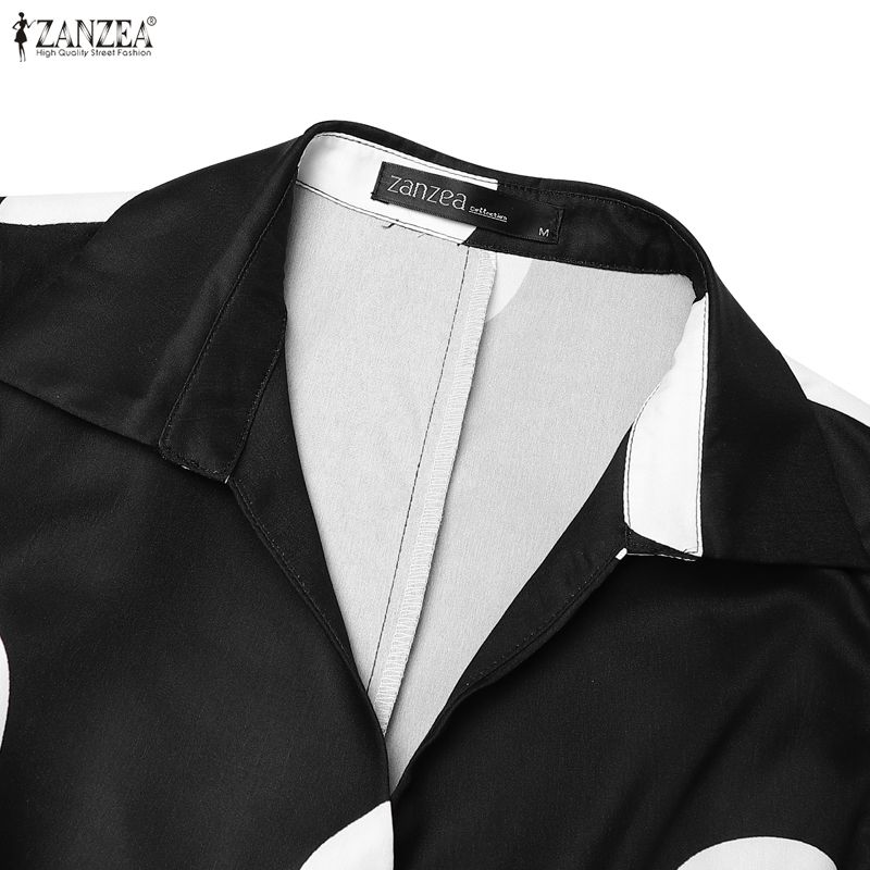 ZANZEA Women Elegant Turn Down Collar Casual Sleeveless Polka Dot Print Dress