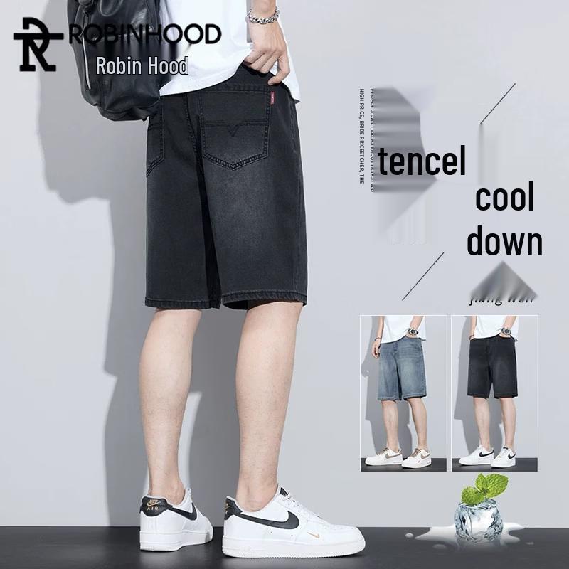 ROBINHOOD Men s Ice Silk Loose Straight Casual Denim Shorts 28
