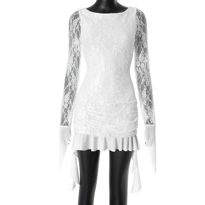 

Sanhu Lianjiang G24DS346 Women s Lace Patchwork Long Sleeve Ruffle Tassel Elegant Dress S