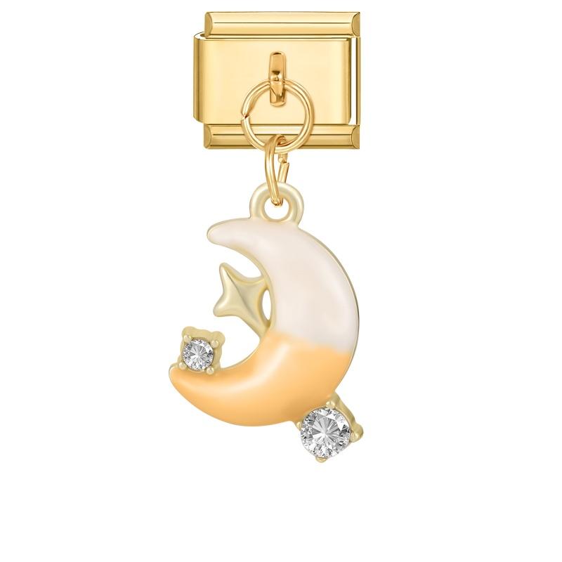 Zircon Star Moon Bow Knot Heart Gold Color Pendant Italian Charm Links Fit 9mm Stainless Steel Bracelet DIY Making for Men Women