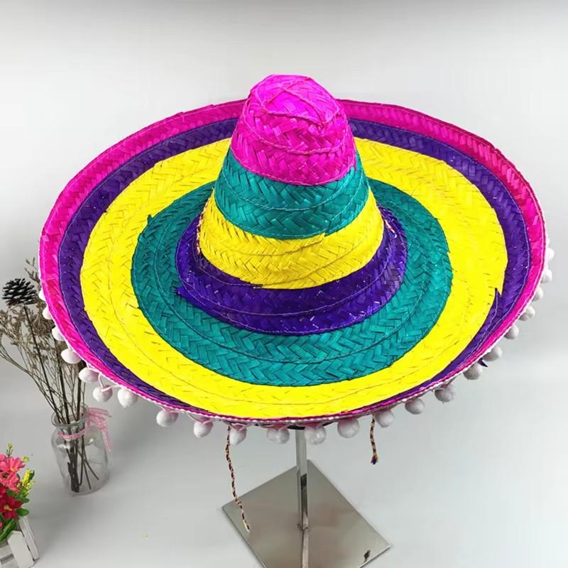 Mexican Party Hat Colorful Wide Brim Straw Hat Men Women Outdoor Carnival Halloween Decor Kids Cosplay Performance Hat Sombrero