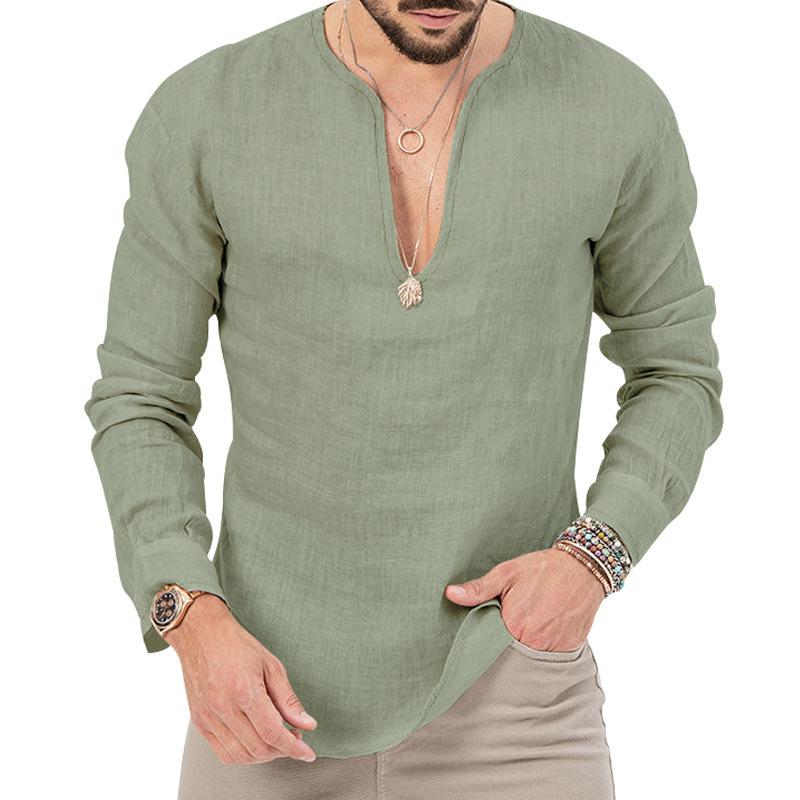 Men Linen Blend Deep V Neck Long Sleeve Casual Loose Fit Solid Color Henley Shirt