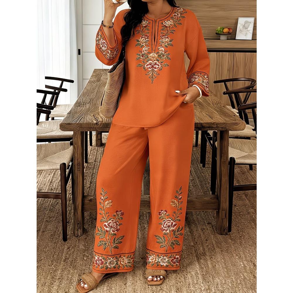 Damen Frühling Sommer Neues 2-teiliges Outfit, V-Ausschnitt 3/4-Ärmel Knopfleiste Hemd & Bedruckte Elastische Taille Lange Hose Set, Digitaldruck Maschine Lässiger Anzug