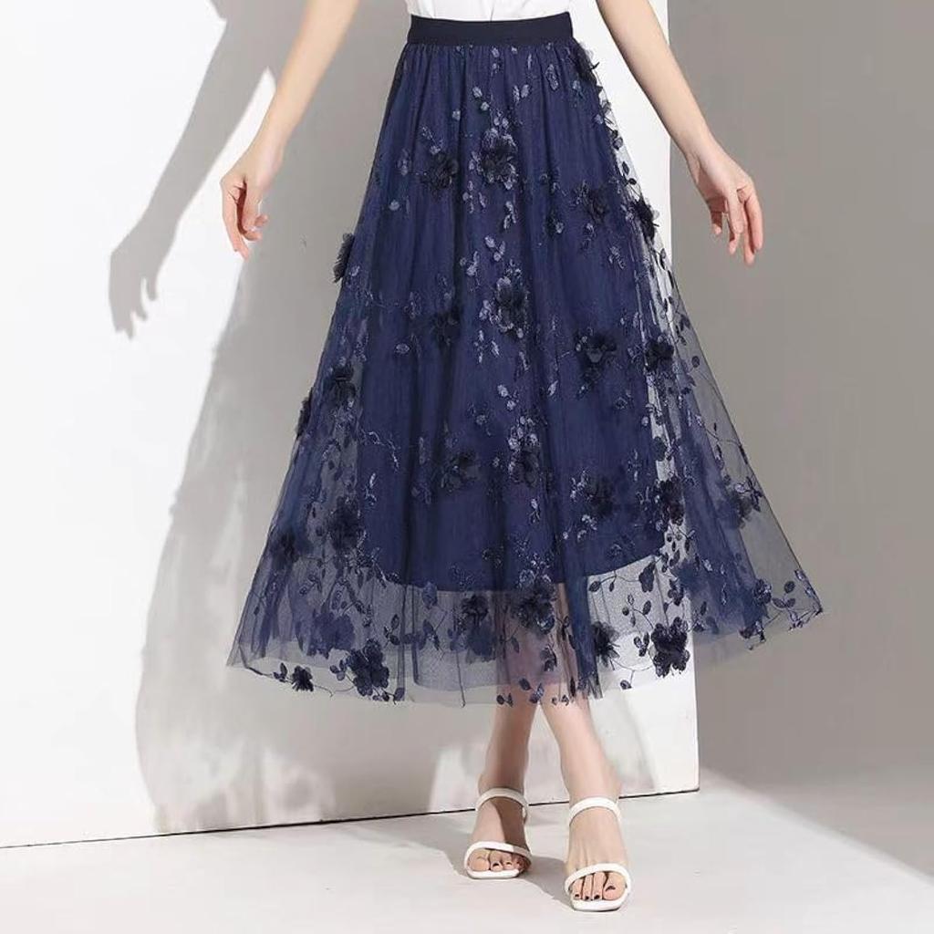 LeafIn Long Floral Elastic Tulle Tutu 8692 Women's Skirt, Print, High-Waisted, Waist, Skirt, Fluffy, Slimming, Figure-Flattering, A-Line, Embroidered,