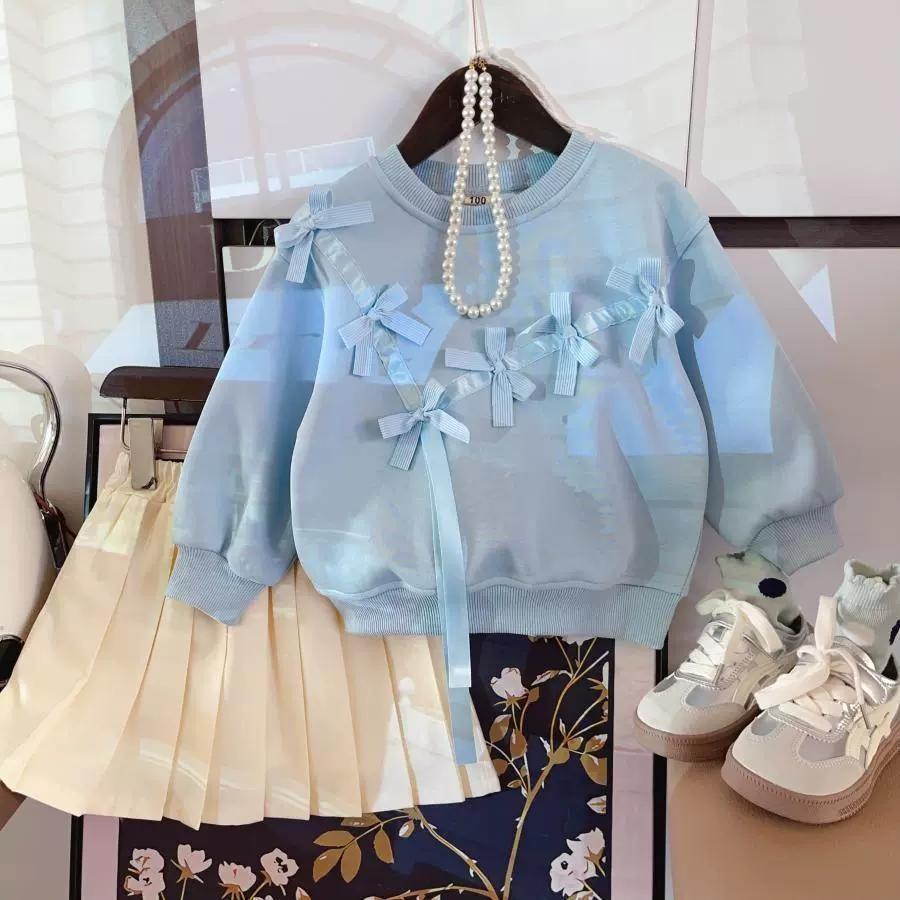 Frühlings- & Herbst-Schleife Langarm-Sweatshirt mit Faltenrock für Mädchen