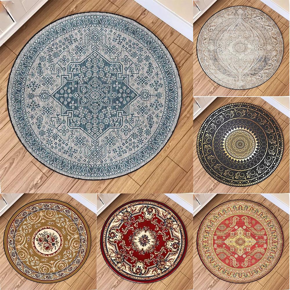 Vintage Ethnic Pattern Round Rug Elegant Floral Geometric Scroll Designs Soft NonSlip Carpet For Living Room Bedroom