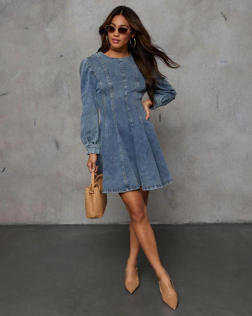 Elegant Autumn Patchwork Waist-Cinching Denim Dress - Long-Sleeved for Women