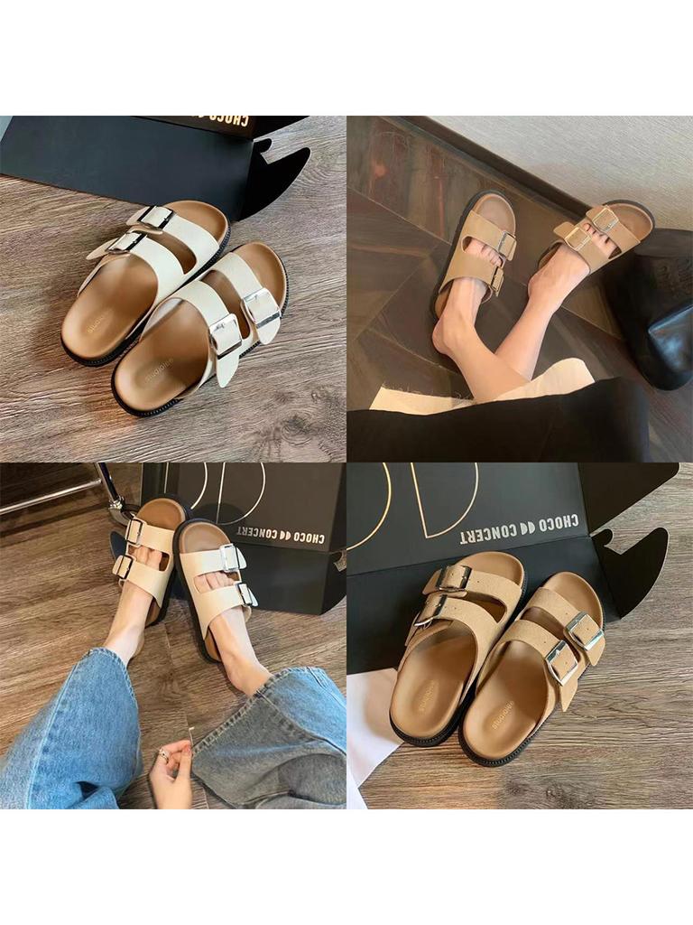 Cowhide version~ thick-bottomed Boken slippers women's genuine leather flat-bottomed outer wear one-word belt buckle cool slippers Boken half slippers
