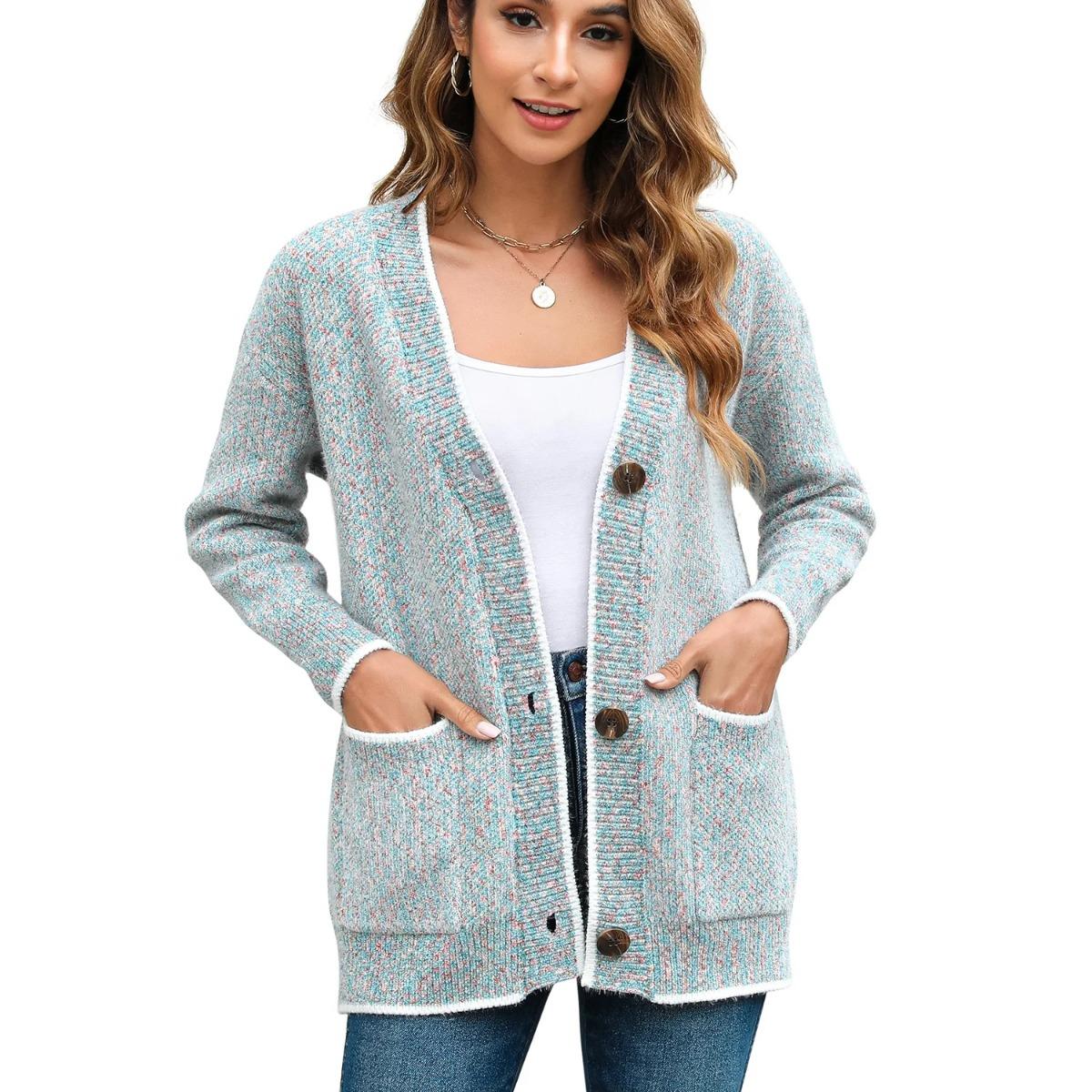 

Charmleaks женский кардиган с длинным рукавом, открытое пальто спереди, женский стиль, застежка на пуговицы, V-образный вырез, повседневный вязаный свитер L синий