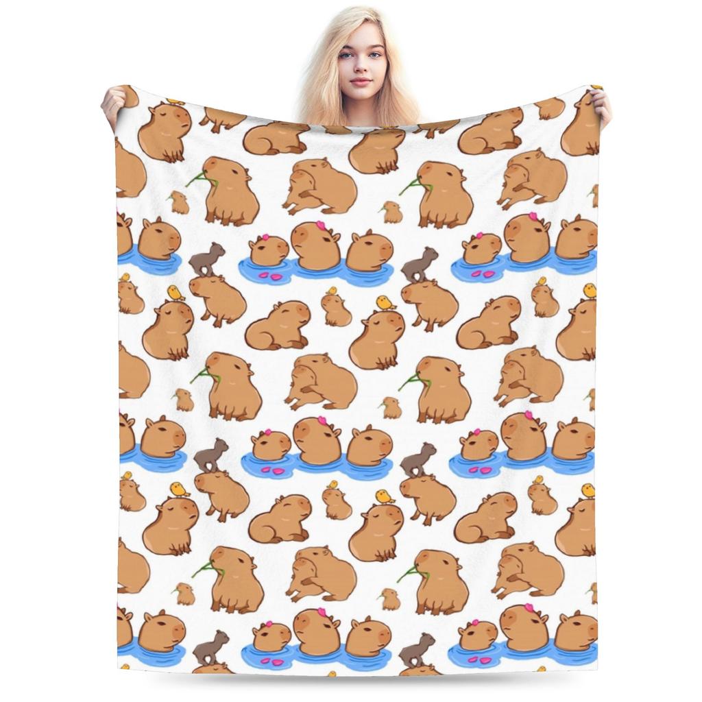 Capybara Pattern Blanket Flannel Autumn/Winter Cartoon Cute Multifunction Lightweight Throw Blanket for Bed Office Quilt
