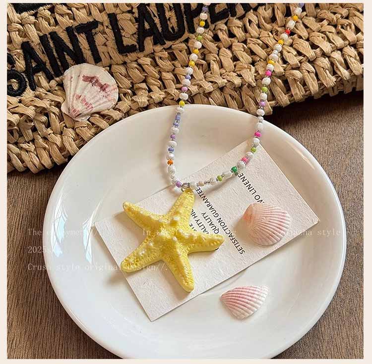 Large Resin Starfish Pendant Necklace for Women, Colorful Glass Beaded Choker, Boho Beach Statement Jewelry