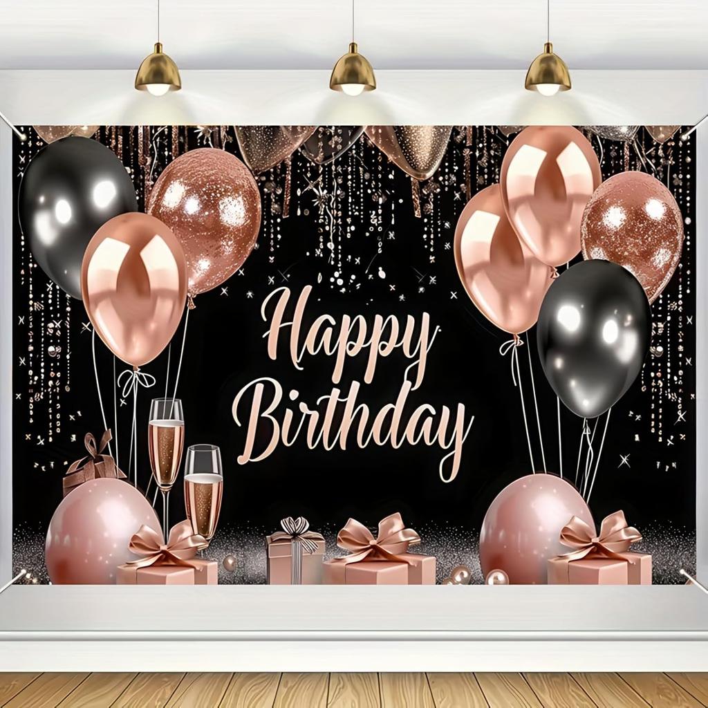 BlissYard Rose Gold and Black Happy Birthday Banner Backdrop Large Happy Birthday Glitter Balloons Photo Booth Photography Background Banner Supplies