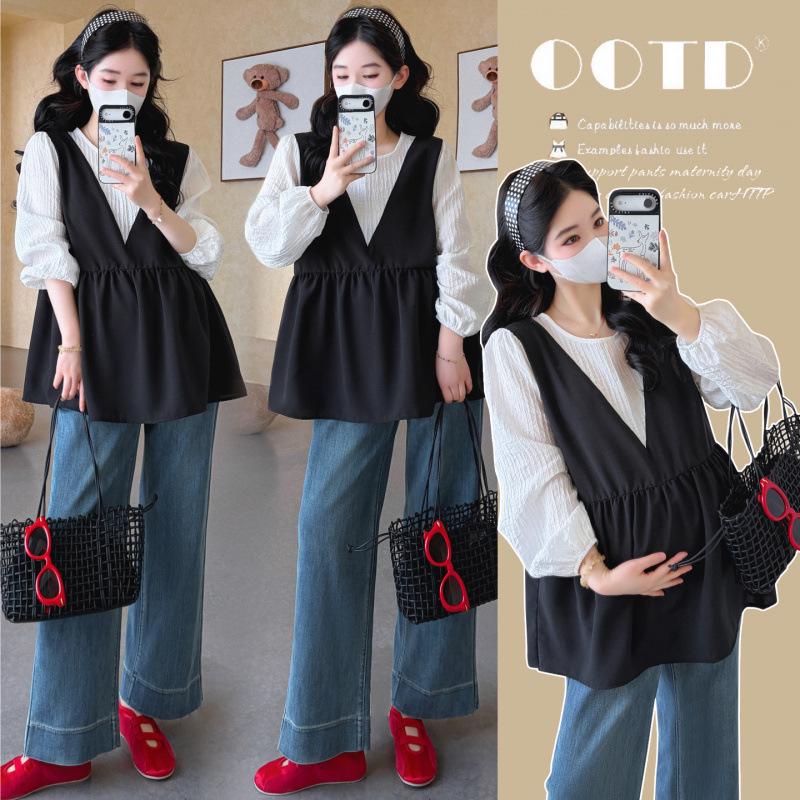 2026 Spring Korean Maternity Patchwork Two-Piece Doll Shirt Top XL