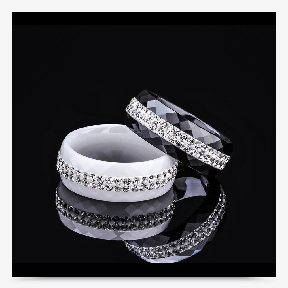 8MM Black and White Ceramic Ring with Dual Row Inlaid Diamonds for Women