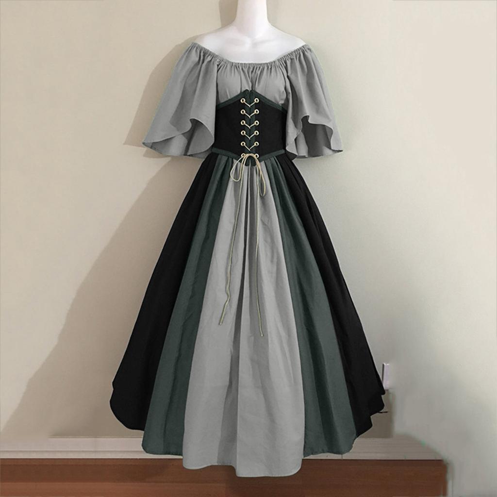 Medieval Retro Contrast Color Slim-fit Dress Feifei Sleeve Big Skirt Cos Costume Performance Stage Costume
