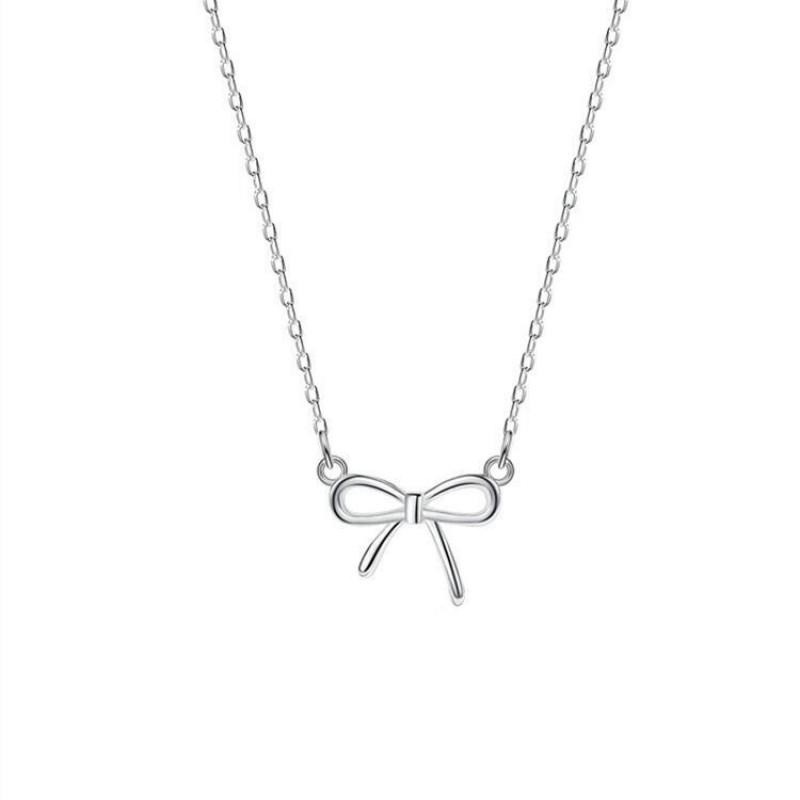 Elegant Double Layered Pendant Necklace With Pearl Bow Charm In Sterling Women Adjustable 41-50cm O-Link Chain